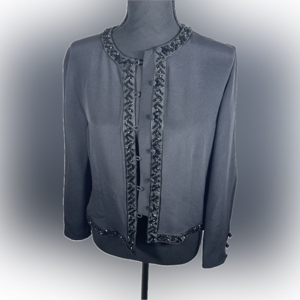 Talbots Size 10P 100% Silk Black Jacket Cardigan Beaded Button Topper Embroider